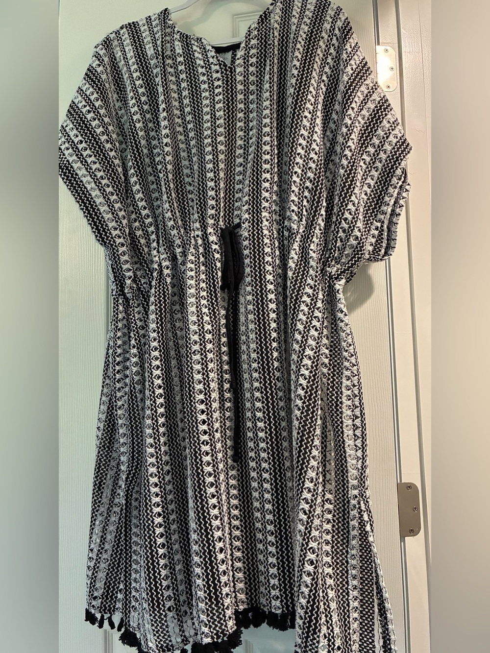 Serra Black and White Striped Beach Cover-up with Tassel Tie